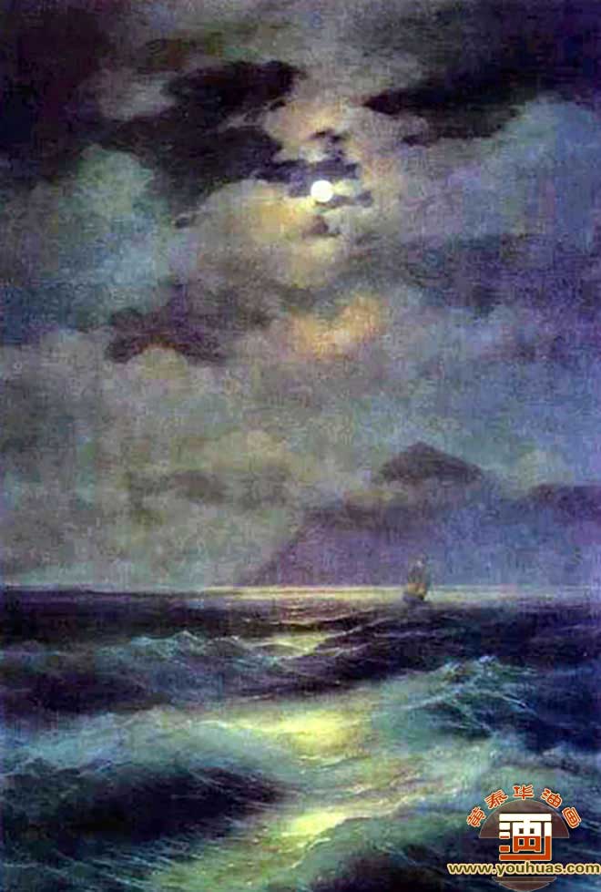 在月光下眺望大海风景_艾瓦佐夫斯基油画作品欣赏