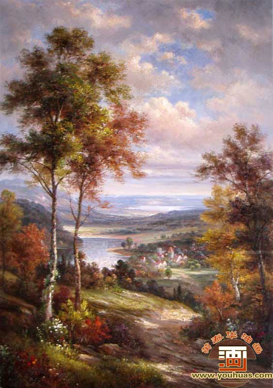 竖幅秋季风景画_古典风景油画